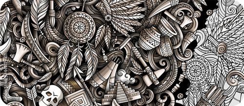 Native American hand drawn doodle banner. Cartoon vector detailed flyer.