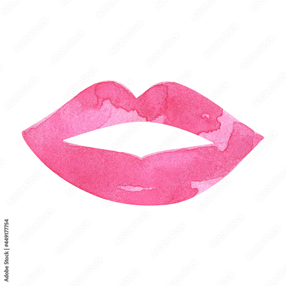 Pink female lips painted with lipstick. Silhouette painted with watercolors.