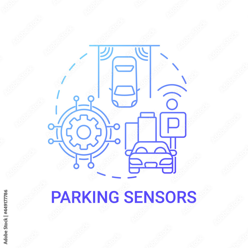 Parking sensors gradient blue concept icon. Radar system for vehicle abstract idea thin line illustration. Search for vacant parking spot for car. Vector isolated outline color drawing.