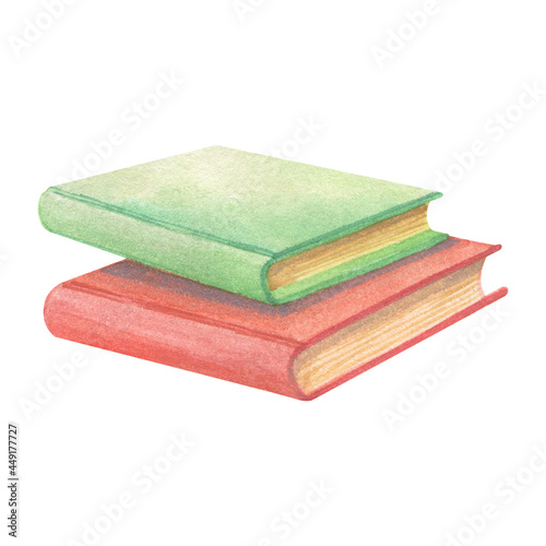 Book stack, set of textbooks, watercolor drawing. 