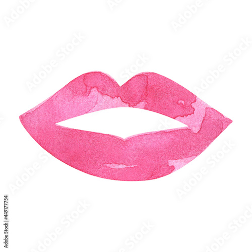 Pink female lips painted with lipstick. Silhouette painted with watercolors.