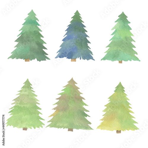 Christmas tree evergreen trees. Inhabitants of the forest, natural objects. Christmas and New Year symbol. Watercolor drawing.