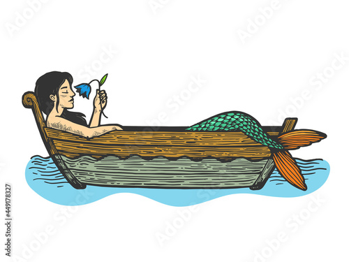 Mermaid in boat with flower sketch engraving vector illustration. T-shirt apparel print design. Scratch board imitation. Black and white hand drawn image.