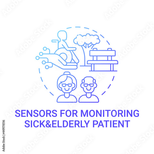 Sensors for monitoring sick and elderly patients gradient blue concept icon. Healthcare sensor remote system abstract idea thin line illustration. Vector isolated outline color drawing.