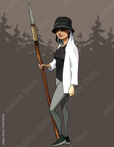 cartoon modern woman stalker standing with spear in hand in forest