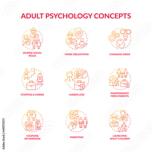 Adulthood psychology and social relationship concept icons set. Lifecycle through ups and downs. Personal realisation idea thin line color illustrations. Vector isolated outline drawings.