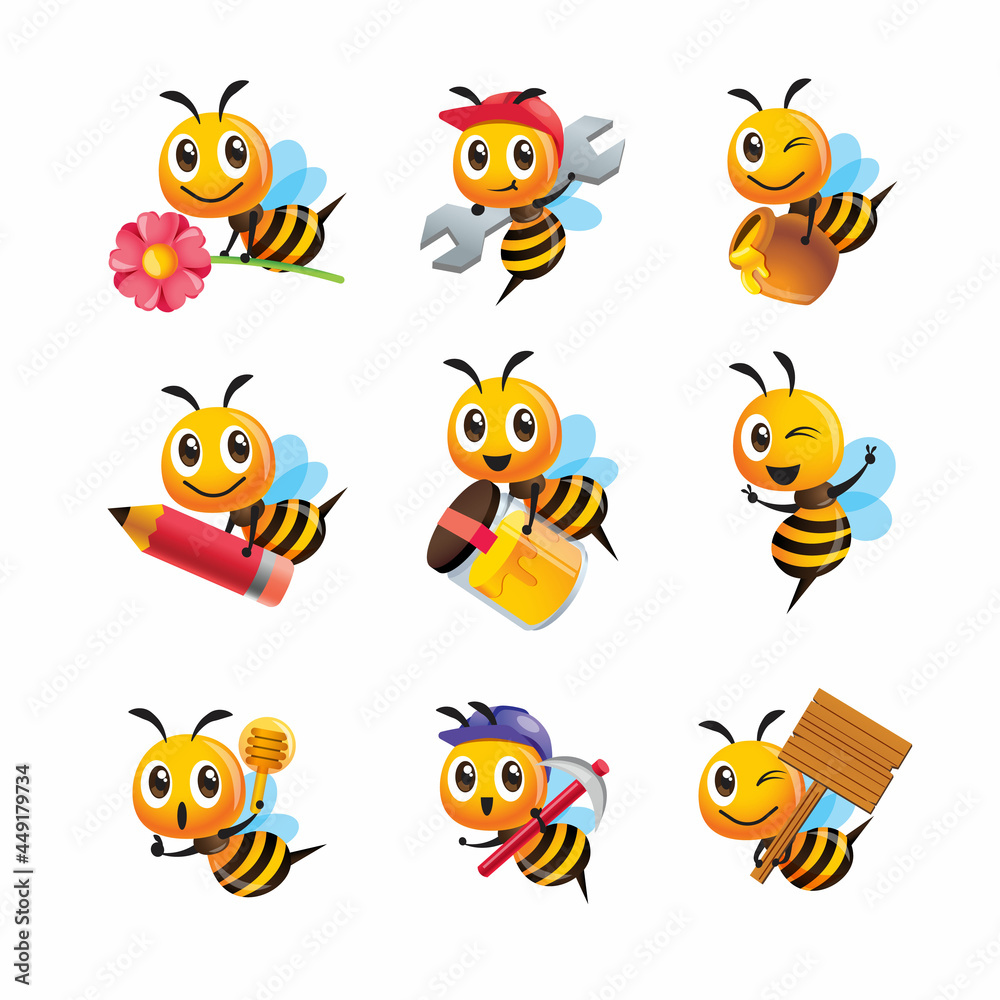 Fototapeta premium Collection set of cartoon cute bee in different poses. Bee carrying honey pot, flower, pencil and signboard. Vector character set