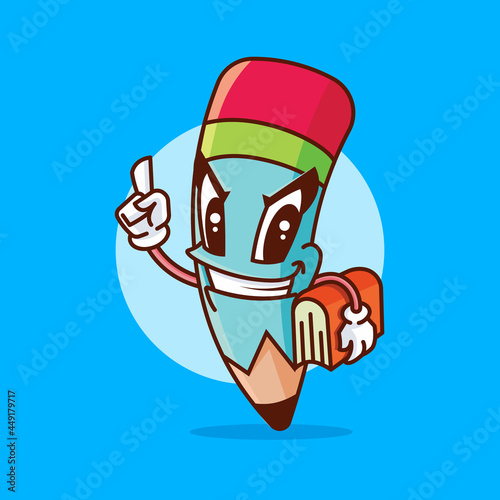 Cartoon cute pencil holding book and finger point to other side. Vector mascot