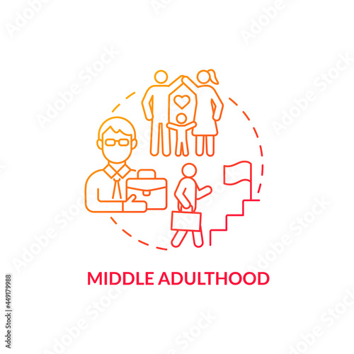 Middle adulthood red concept icon. Generation progress. Career ladder. Genuine concern for the evolution abstract idea thin line illustration. Vector isolated outline color drawing.