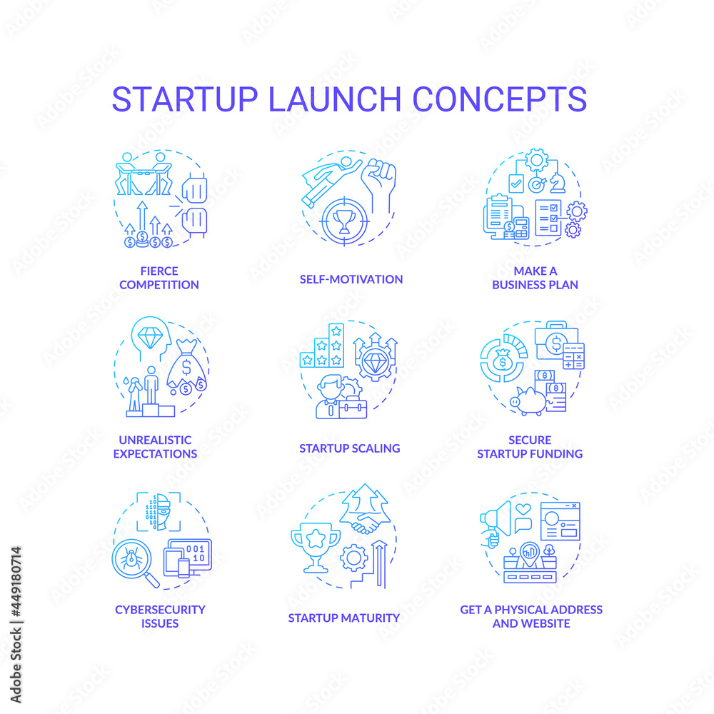 Startup launch blue gradient concept icons set. Fierce competition. Self motivation. Make business plan. Entrepreneurship idea thin line color illustrations. Vector isolated outline drawings