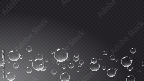Floating bubbles isolated on dark transparent background. Fizzy air underwater. Vector realistic illustration.