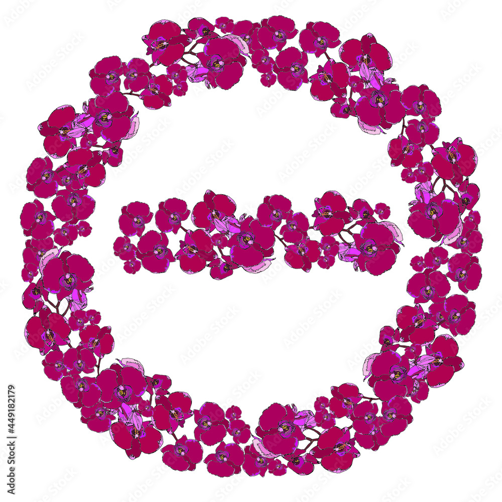 Obraz premium Wreath made of orchid flowers, botanical illustration. Endless horizontal pattern brush. Hand drawn vector illustration. For design projects, invitations, cards, posters