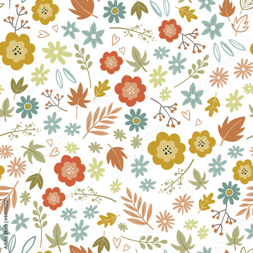 Lovely hand drawn Thanksgiving seamless pattern with flowers and autumn leaves, cute doodle background, great for textiles, wrappers, banners, wallpapers -vector design