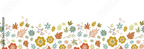 Lovely hand drawn Thanksgiving seamless pattern with flowers and autumn leaves, cute doodle background, great for textiles, wrappers, banners, wallpapers -vector design