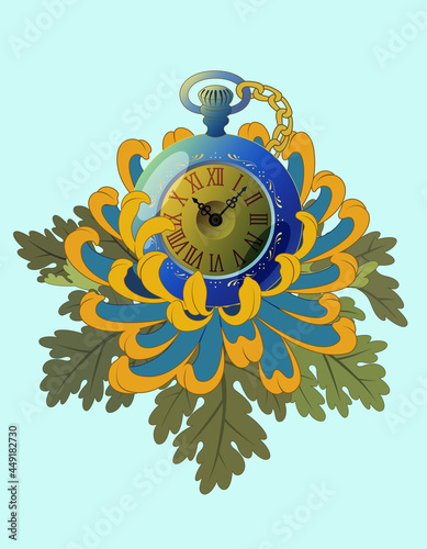 Pocket watch and chrysanthemum illustration tattoo design T-shirt design photo