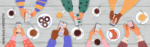 People are sitting at a table opposite each other and looking at their phones. Coffee, croissants and donuts are on the table. The concept of Internet addiction. Vector illustration, top view