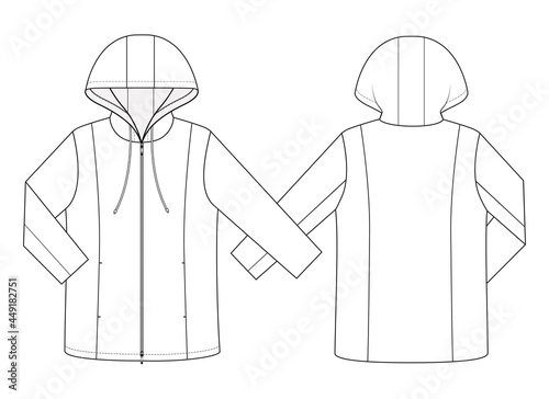 Fashion technical drawing of zipped jacket with hood
