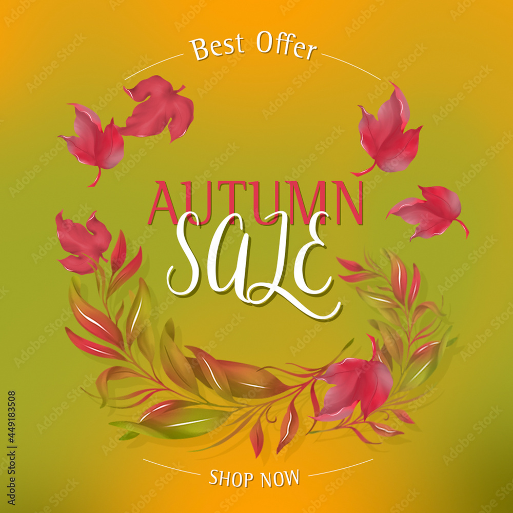 Obraz premium Set of sale banner template. Autumn sale banner design with leaves background. Promo badge seasonal offer, promotion, advertising. Season offer flyer