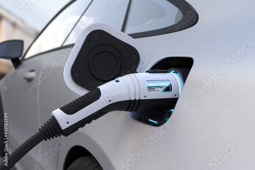 The electric car is fully charged with a battery, Charging technology, Clean energy filling technology.