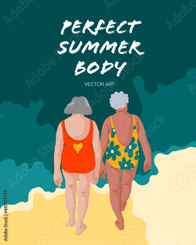 Vector Illustration of the perfect summer body with two elderly women on the beach. Perfect for Postcards and other print mediums. 