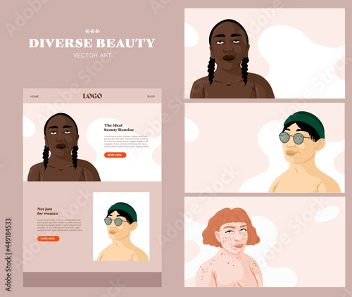 Vector beauty Illustration. For feminist beauty brands. Diversity and feminism. Websites, Banner and Social Media