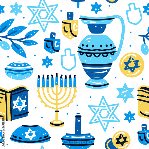 Happy Hanukkah seamless pattern. Jewish Holiday print. Colorful vector illustration. Hanukkah menorah with candles, dreidels, donuts, doughnut sufganiyot. Chanuka fabric. Vector illustration
