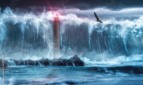 Leuchtturm Sturm Riesenwelle Tsunami