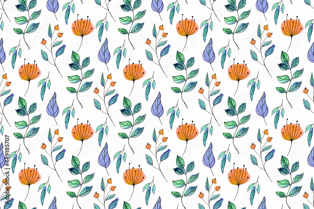 Fototapeta premium Seamless flowers pattern. Romantic design. Blue and orange color. Watercolor hand drawing illustration. Boho style