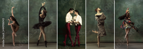 Fényképezés Collage of portraits of male and female ballet dancers dancing isolated on dark vintage background