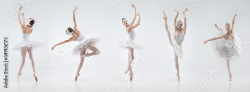 Foto Development of movements of one beautiful ballerina dancing isolated on white background
