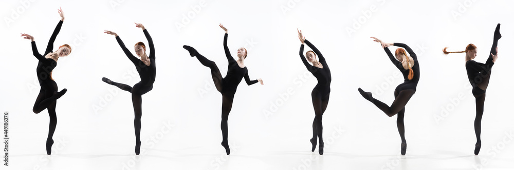Fototapeta premium Development of movements of one beautiful ballerina dancing isolated on white background. Concept of art, theater, beauty and creativity