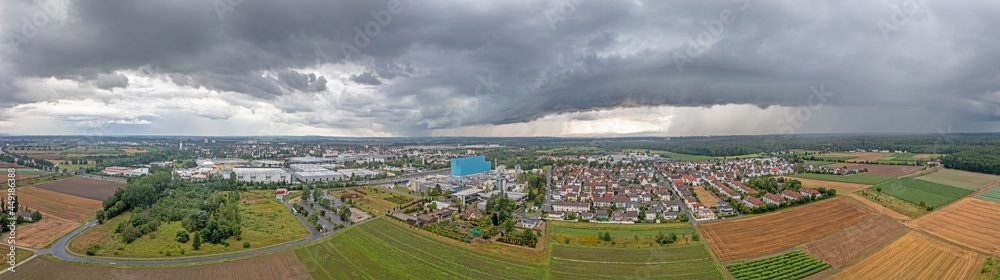 Panoramic drone picture of the southern Hessian district town of Gross-Gerau during an approaching thunderstorm and heavy rainfall