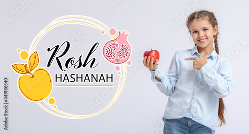 Tableau sur toile Greeting card for Rosh hashanah (Jewish New Year) with little girl and apple