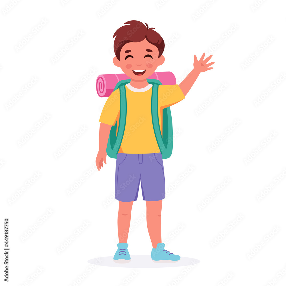 Little boy scout with backpack going to the camp. Summer kids camp. Vector illustration