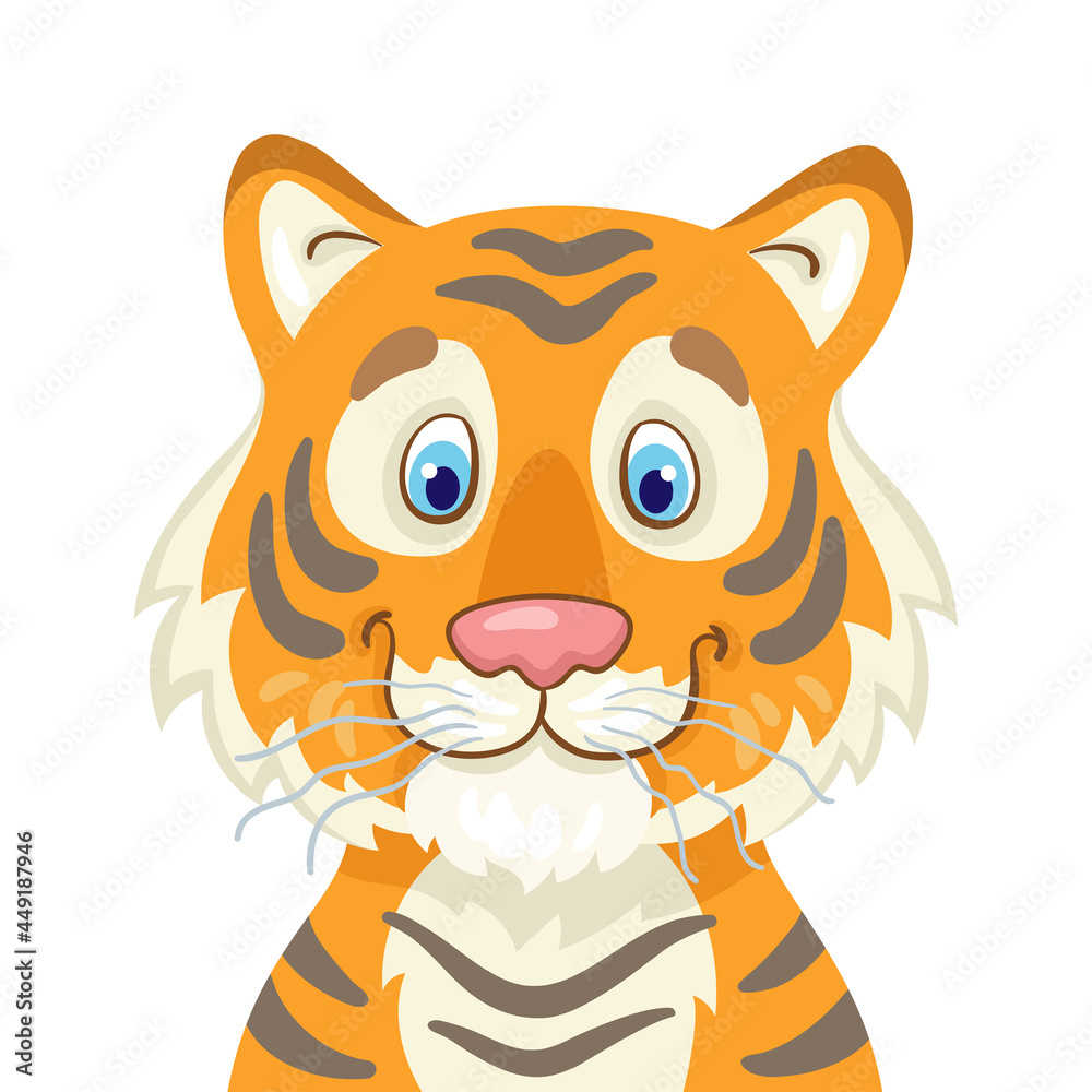 Obraz premium Portrait of a funny tiger. The symbol of the New Year. In cartoon style. Isolated on white background. Vector flat illustration.