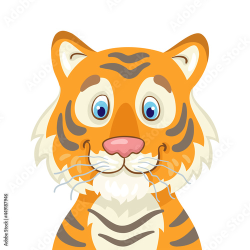 Portrait of a funny tiger. The symbol of the New Year. In cartoon style. Isolated on white background. Vector flat illustration.