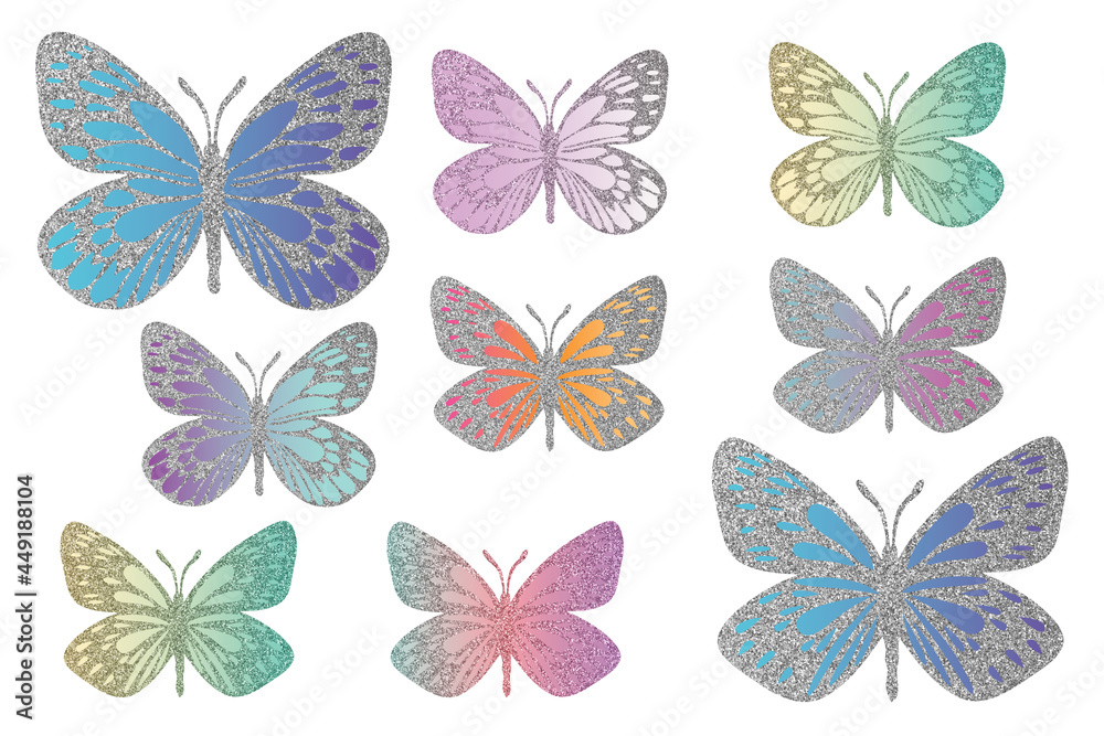 Butterflies bright silhouettes. Clip art set on white background Butterflies bright silhouettes. Clip art set on white background