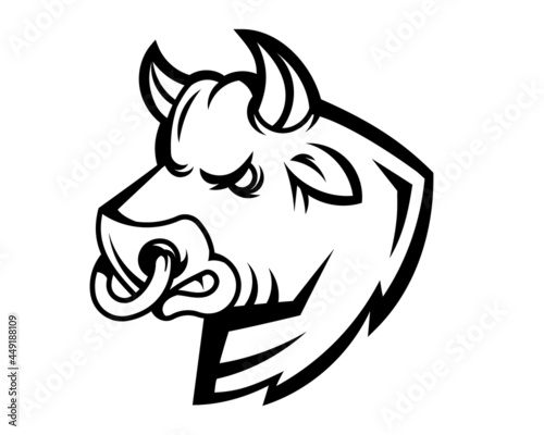 Vector black line bull head logo on white background. Line art flat style design of angry animal bull