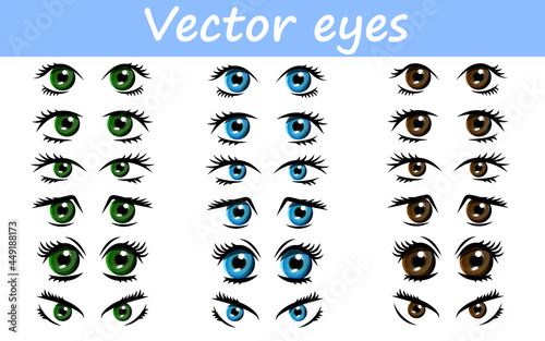 Set of different eyes. Eye pattern. Three eye colors. Cartoon eyes. Cute vector eyes