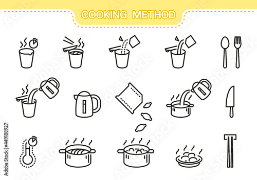 Food vector icon set. Cooking method line collection: cooking noodles, cooking dumplings, mug, saucepan, boiling water, kettle, temperature, cutlery, spoon, fork, chopsticks, knife, adding ingredients