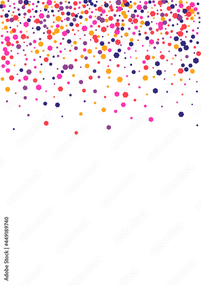 Yellow New Confetti Background. Circle Dust Texture. Purple Dot Fall. Round Multicolor Carnival Frame. Random Illustration.