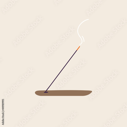 Vector illustration of burning joss stick. Wooden incense stick holder. Cosmetic procedure aromatherapy.