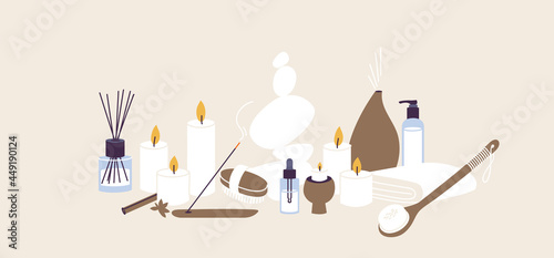 Vector illustration set of organic and natural products for spa and wellness procedure. Aroma sticks and candles with essecial oil, herbal lotion. photo