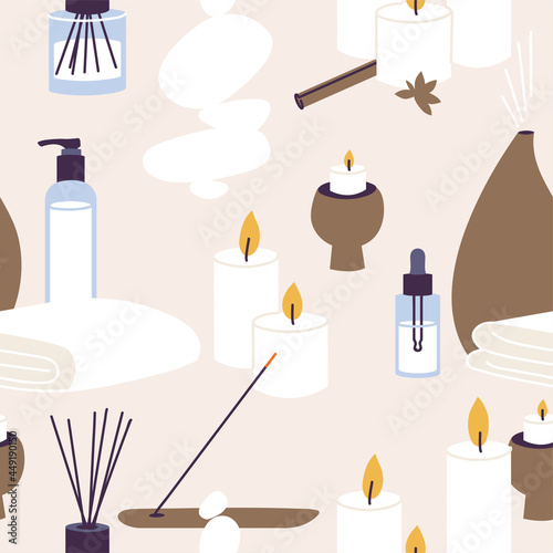 Vector iseamless pattern with organic and natural products for spa and wellness procedure. Aroma sticks and candles with essecial oil, herbal lotion.
