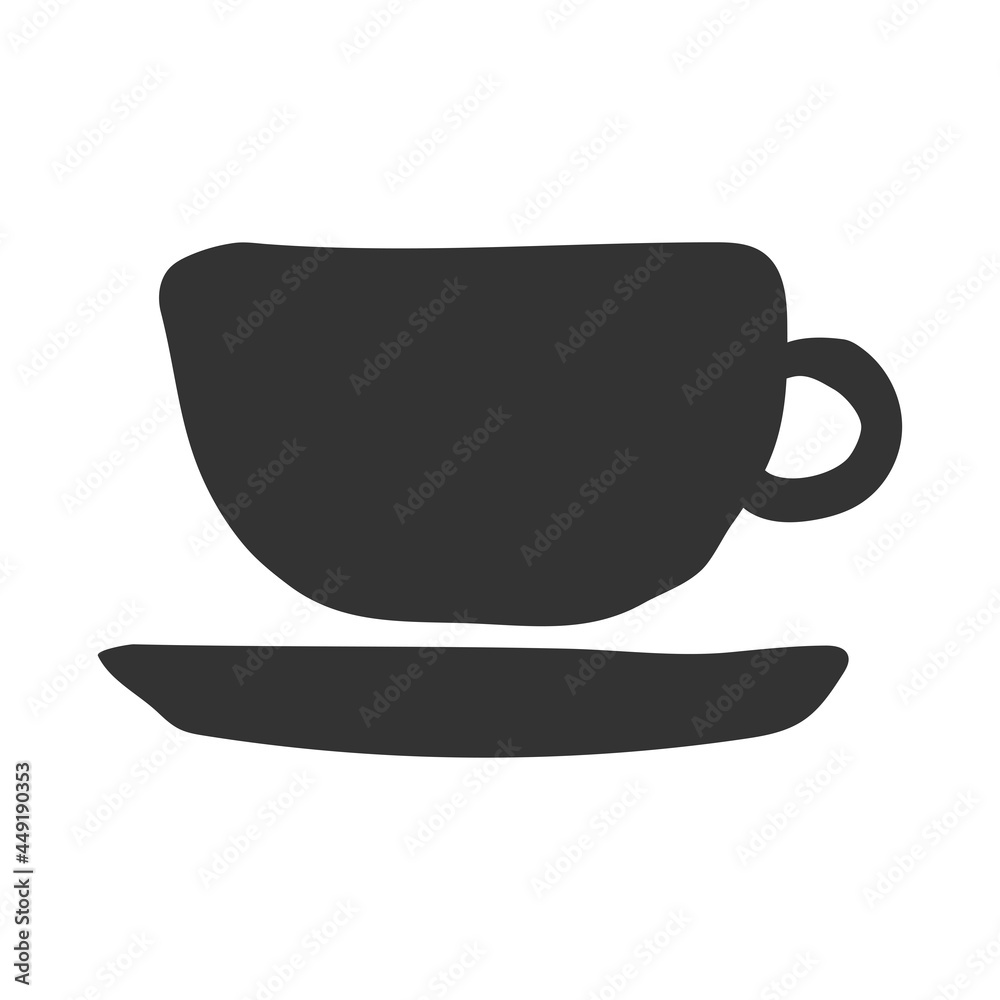 Vector isolated dark grey concept of handmade ceramic cup for tea or other drinks. Hand drawn craft earthenware made in pottery wheel. Symbol of cafe or coffee house. White background Vector isolated dark grey concept of handmade ceramic cup for tea or other drinks. Hand drawn craft earthenware made in pottery wheel. Symbol of cafe or coffee house. White background