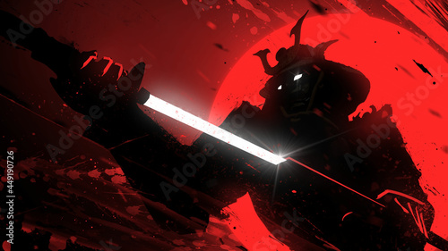 A sinister samurai in a helmet slowly pulls out his shiny katana against the bright blood-red sun, particles of ink and blood fly around him, his eyes glow ominously behind an ugly warrior mask 2d art photo