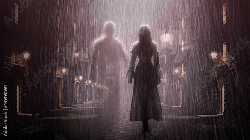 Foto A beautiful girl wet to the skin in a long translucent dress is walking along th