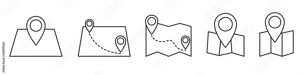 Map icon in linear design. Set of location map icons. Map pointer icon. GPS location outline icon isolated. Vector illustration. Map icon in linear design. Set of location map icons. Map pointer icon. GPS location outline icon isolated. Vector illustration.