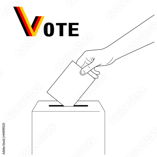 Hand putting a voting ballot into vote box. Quote "Vote" with the German flag. Silhouette isolated on white background. Bundestagwahl 2021. German national federal election. Vector illustration.