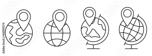 Planet Earth icon with location symbol. Set of linear globe icons. Vector illustration. Location pin with globe Earth symbol